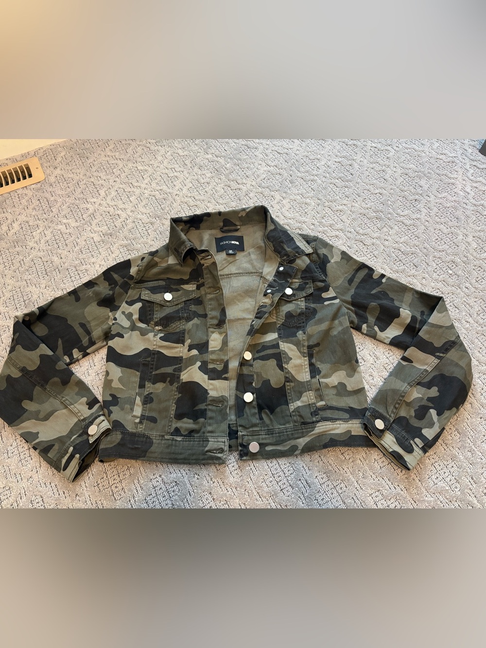 Fashion Nova Camo Jean Jacket - Olive, Black